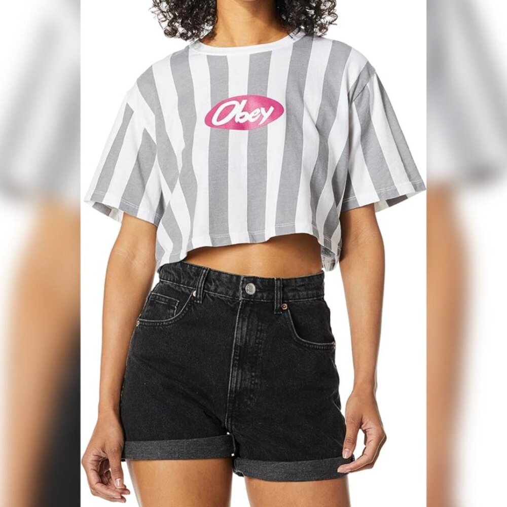 OBEY (Size S) White & Grey Striped Cropped Top